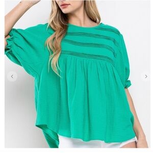 Green Textured Boho Oversized Pintuck Blouse